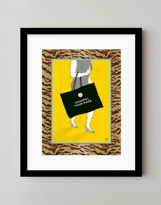 Channel Your Rage risograph style art print featuring tiger print border and Chanel pun shopping bag in a sleek black frame.
