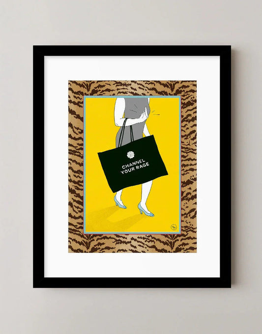 Channel Your Rage risograph style art print featuring tiger print border and Chanel pun shopping bag in a sleek black frame.