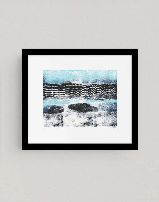 Don’t Be Blue modern abstract wall art print with textured, calming blue and neutral tones in a sleek black frame.