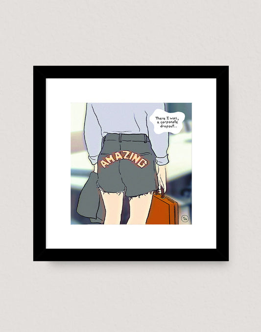 Go Be Amazing illustration art print, giftable for celebrating freelance career milestones in a sleek black frame.