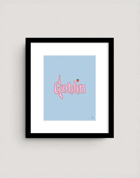 Goblin Mode baby blue and pink lettering art print featuring a whimsical strawberry illustration in a sleek black frame.