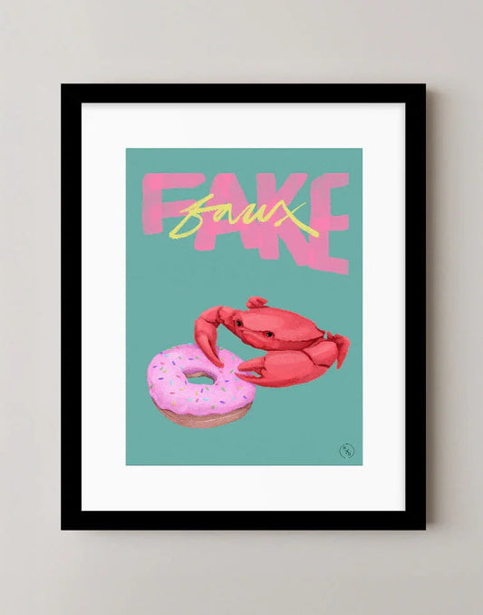 Imitation Crab with a frosted donut in whimsical green and pink, food art print with French and English lettering in sleek black frame.