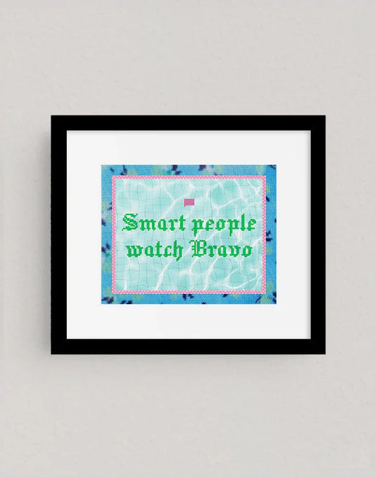 Smart People Watch Bravo art print, funny, whimsical gift for Real Housewives and Bravo TV fans in a sleek black frame.