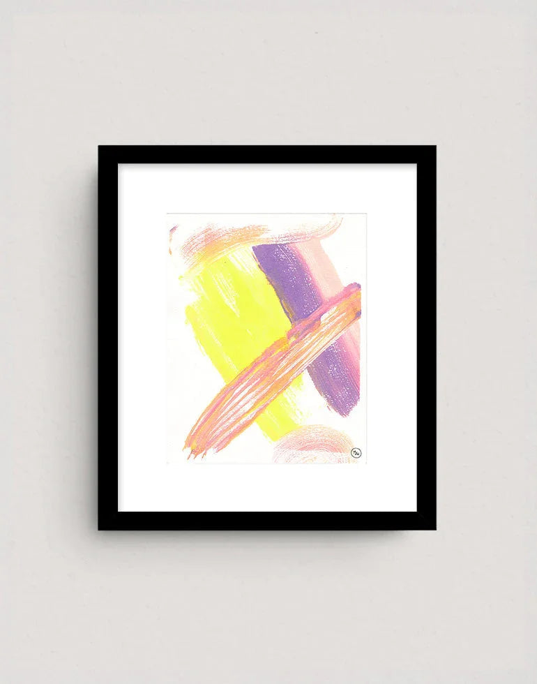 A Flame Grows modern abstract art print with pink, yellow, and purple organic shapes with sleek black frame.