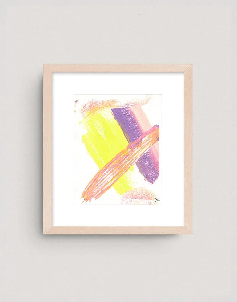 A Flame Grows modern abstract art print with pink, yellow, and purple organic shapes with warm maple frame.