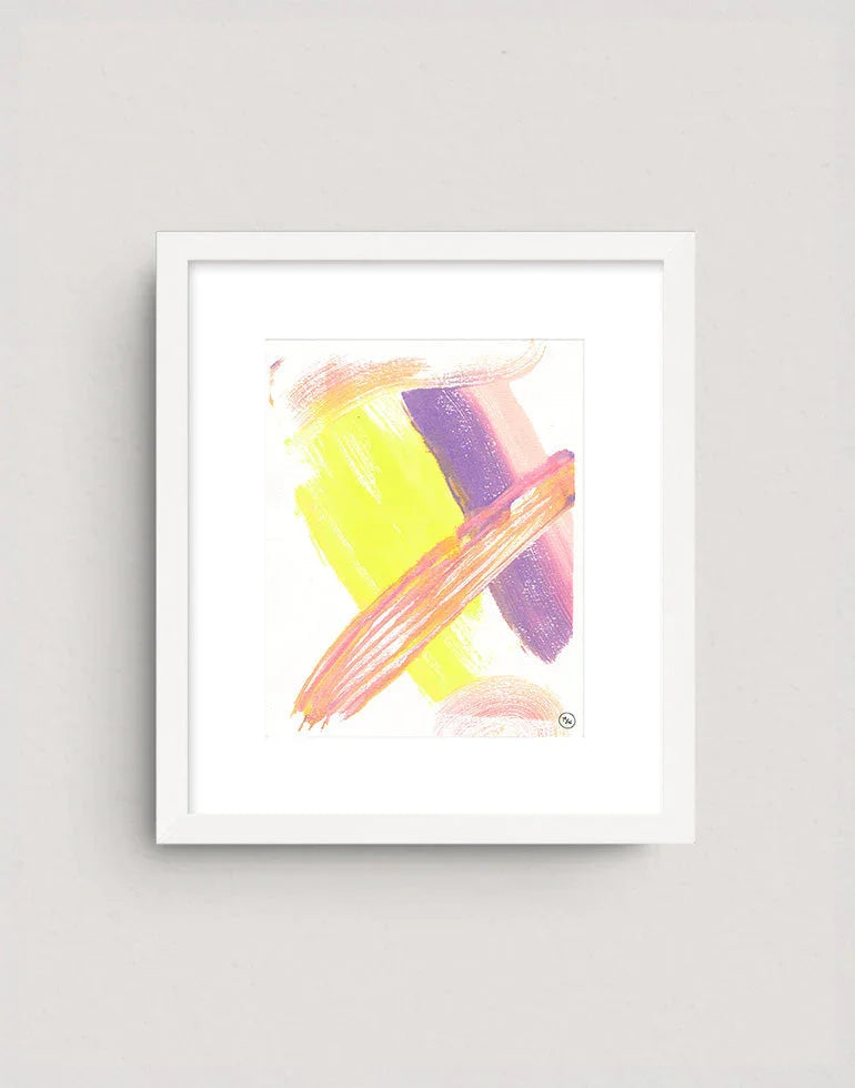 A Flame Grows modern abstract art print with pink, yellow, and purple organic shapes with minimalist white frame.