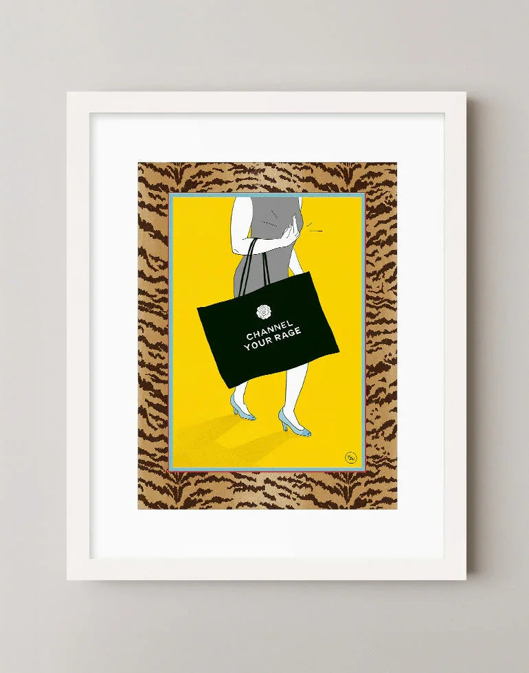 Channel Your Rage risograph style art print featuring tiger print border and Chanel pun shopping bag in a minimalist white frame.