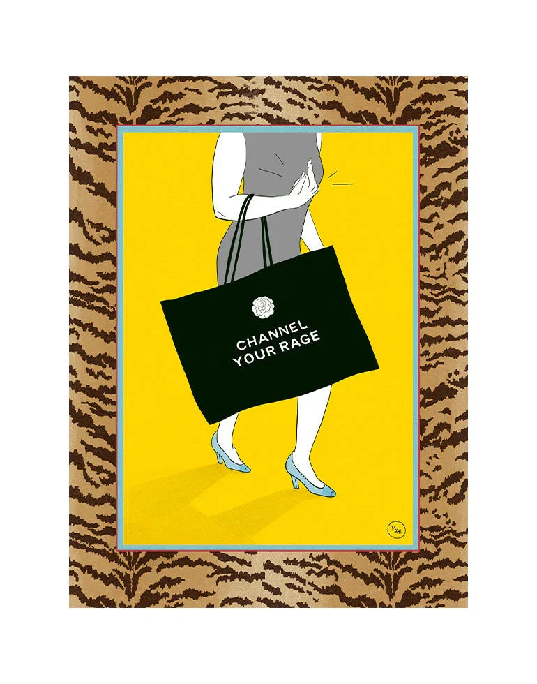Channel Your Rage risograph style art print featuring tiger print border and Chanel pun shopping bag.