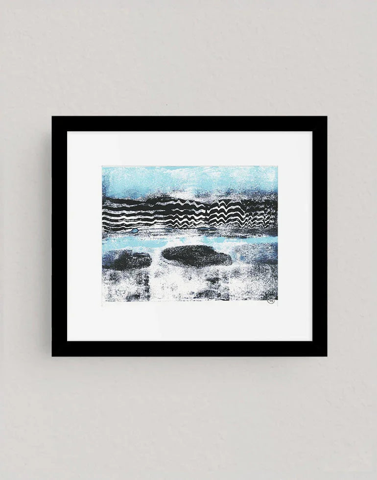 Don’t Be Blue modern abstract wall art print with textured, calming blue and neutral tones in a sleek black frame.