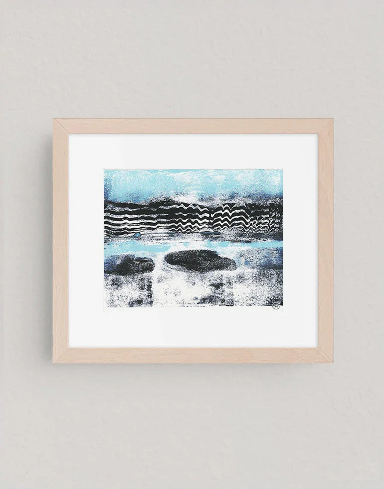 Don’t Be Blue modern abstract wall art print with textured, calming blue and neutral tones in a warm maple frame.