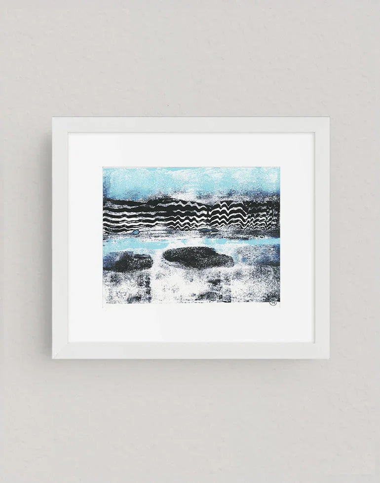 Don’t Be Blue modern abstract wall art print with textured, calming blue and neutral tones in a minimalist white frame.