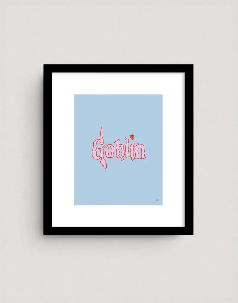Goblin Mode baby blue and pink lettering art print featuring a whimsical strawberry illustration in a sleek black frame.