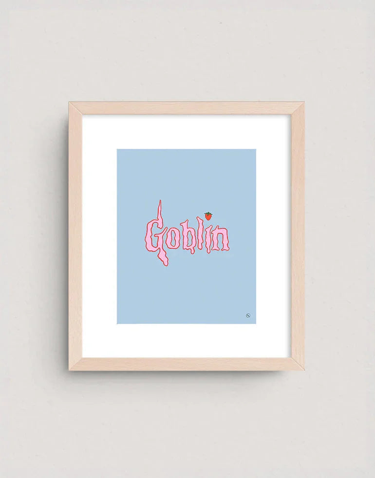Goblin Mode baby blue and pink lettering art print featuring a whimsical strawberry illustration in a warm maple frame.