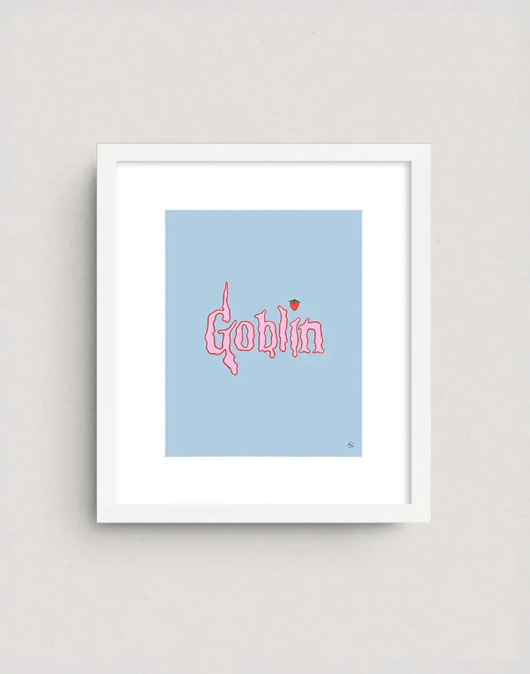 Goblin Mode baby blue and pink lettering art print featuring a whimsical strawberry illustration in a minimalist white frame.