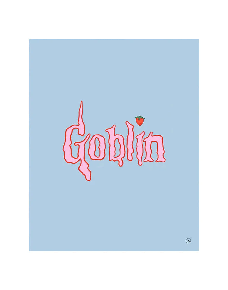 Goblin Mode baby blue and pink lettering art print featuring a whimsical strawberry illustration.