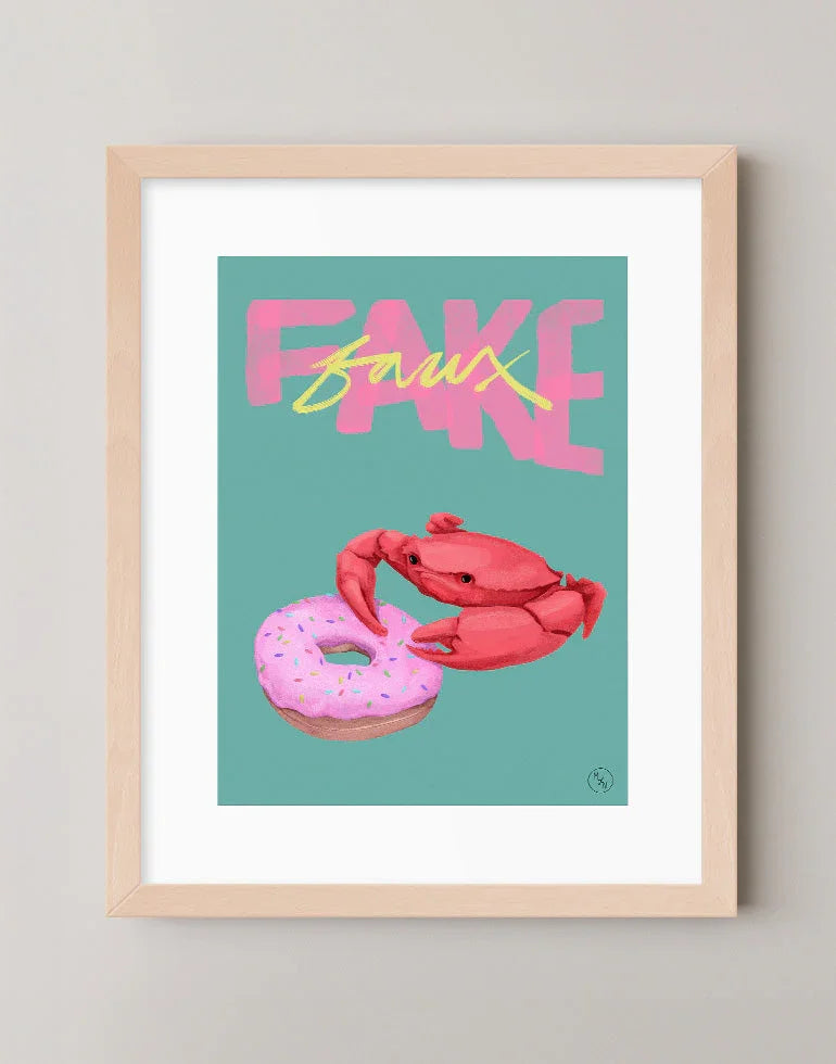 Imitation Crab with a frosted donut in whimsical green and pink, food art print with French and English lettering in warm maple frame.