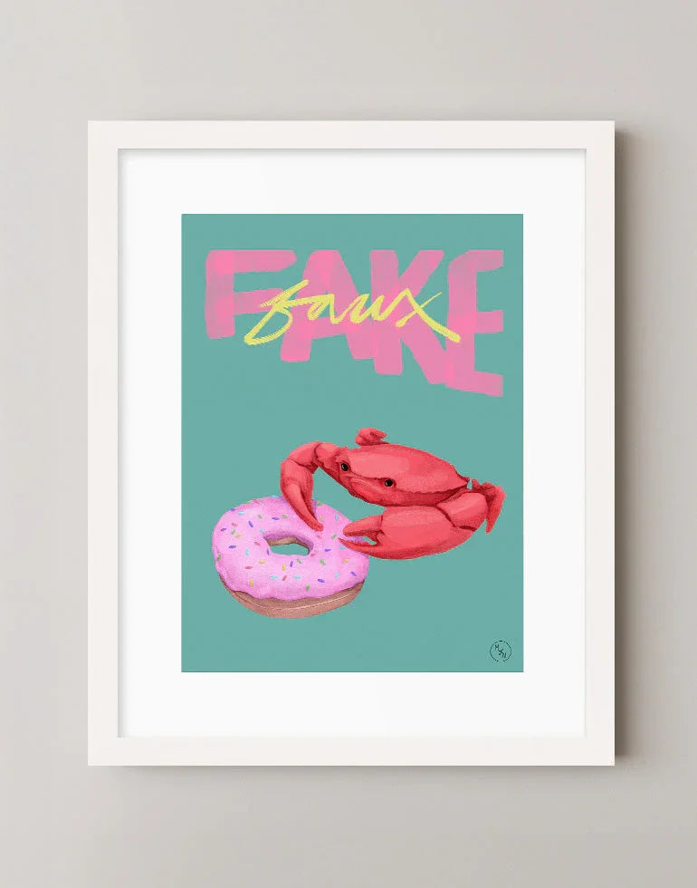 Imitation Crab with a frosted donut in whimsical green and pink, food art print with French and English lettering in minimalist white frame.