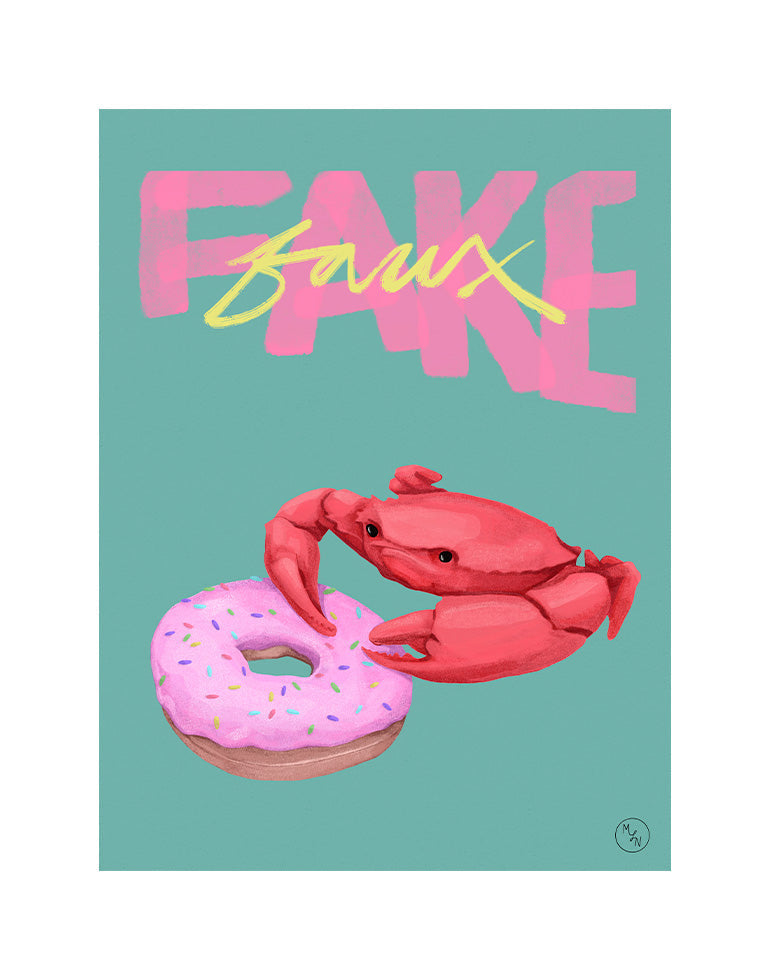 Imitation Crab with a frosted donut in whimsical green and pink, food art print with French and English lettering