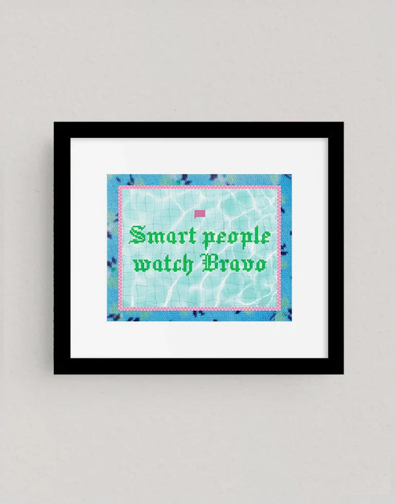 Smart People Watch Bravo art print, funny, whimsical gift for Real Housewives and Bravo TV fans in a sleek black frame.