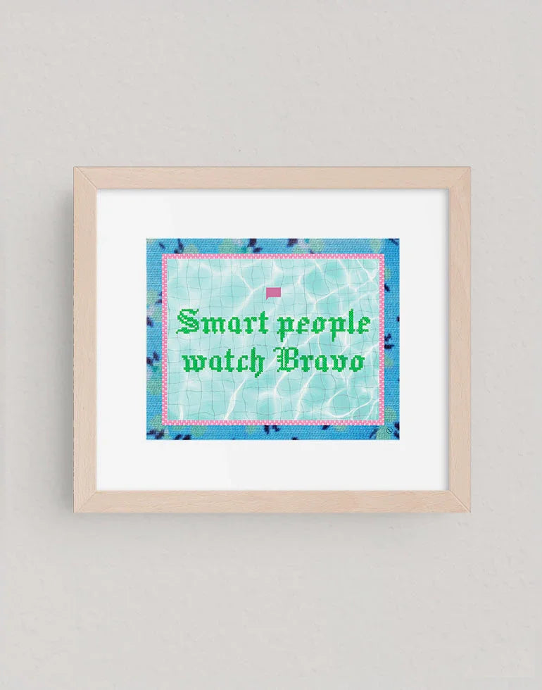 Smart People Watch Bravo art print, funny, whimsical gift for Real Housewives and Bravo TV fans in a warm maple frame.
