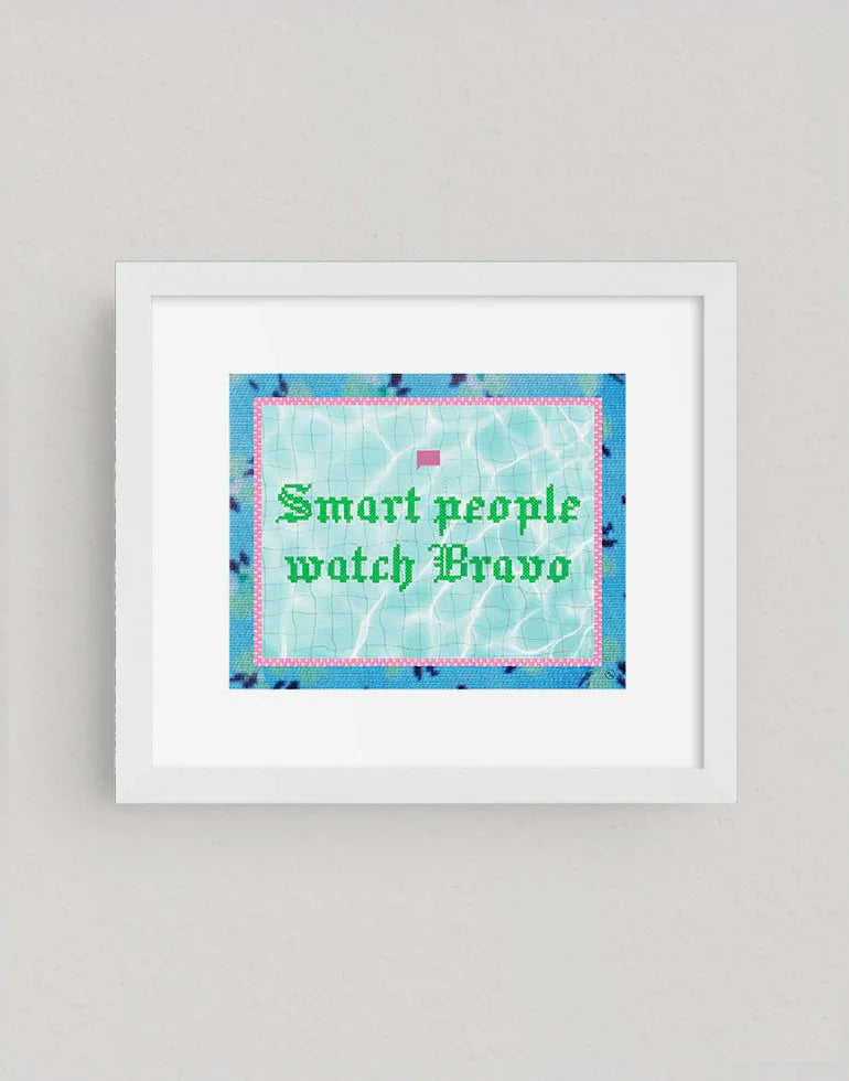 Smart People Watch Bravo art print, funny, whimsical gift for Real Housewives and Bravo TV fans in a minimalist white frame.