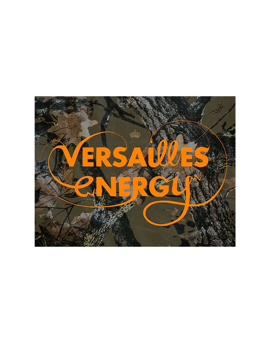 Versailles Energy camouflage orange lettering art print with a maximalist, high-energy vibe.